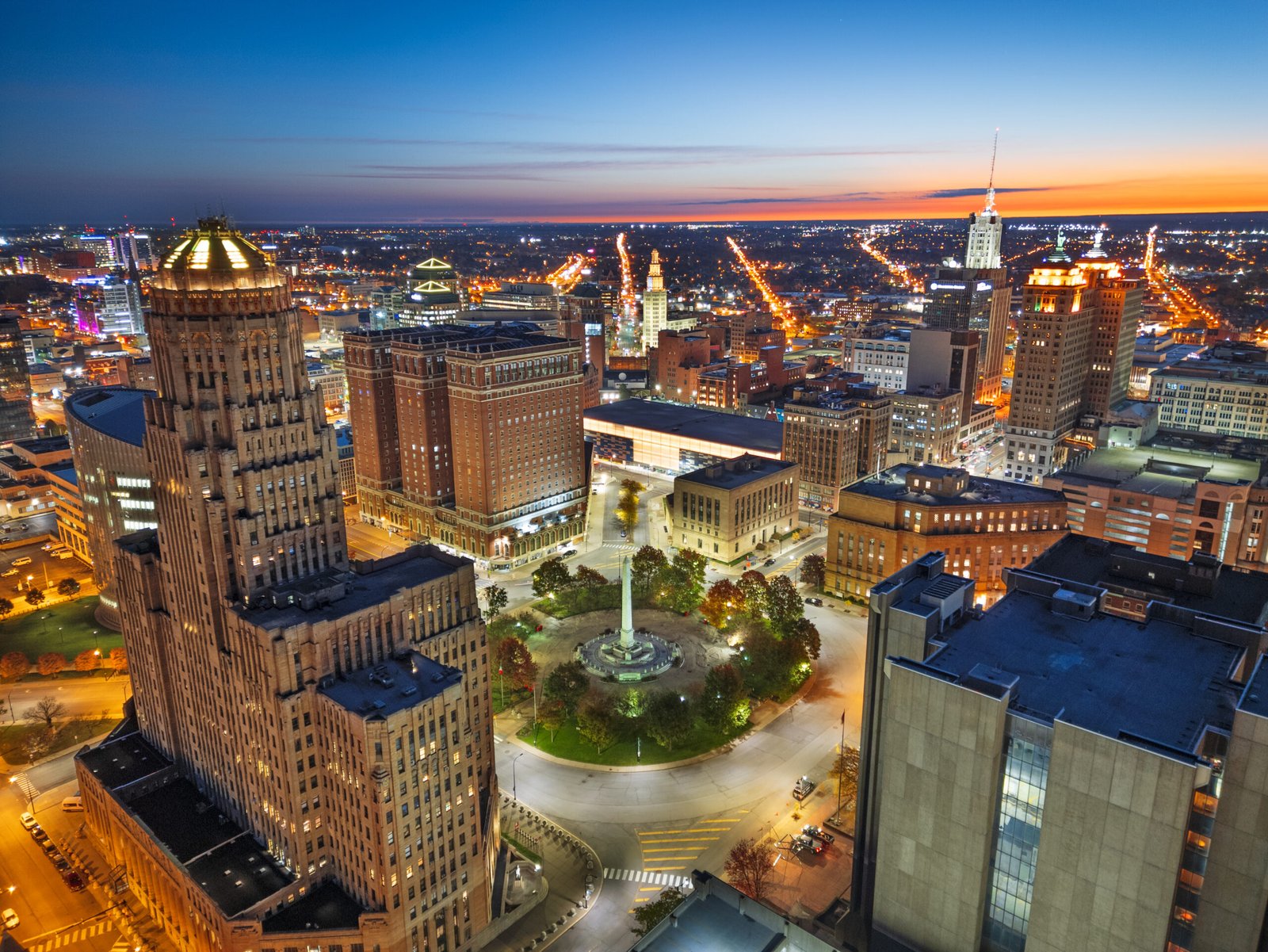 Buffalo, New York, USA skyline at golden gour over Niagara Square.